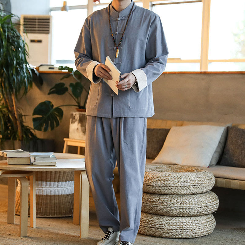 2Pcs Zen Tang Suit Men's Frog-Button Long Sleeve Shirt Pants Set With Pockets