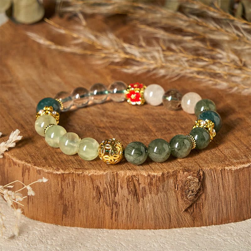 Natural Green Phantom, Clear & Rutilated Quartz, Jade, Copper Bead Bracelet
