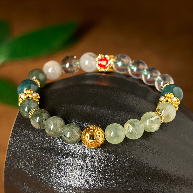 Natural Green Phantom, Clear & Rutilated Quartz, Jade, Copper Bead Bracelet