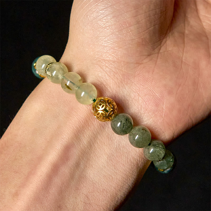 Natural Green Phantom, Clear & Rutilated Quartz, Jade, Copper Bead Bracelet