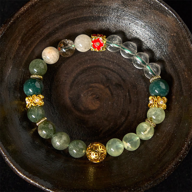 Natural Green Phantom, Clear & Rutilated Quartz, Jade, Copper Bead Bracelet