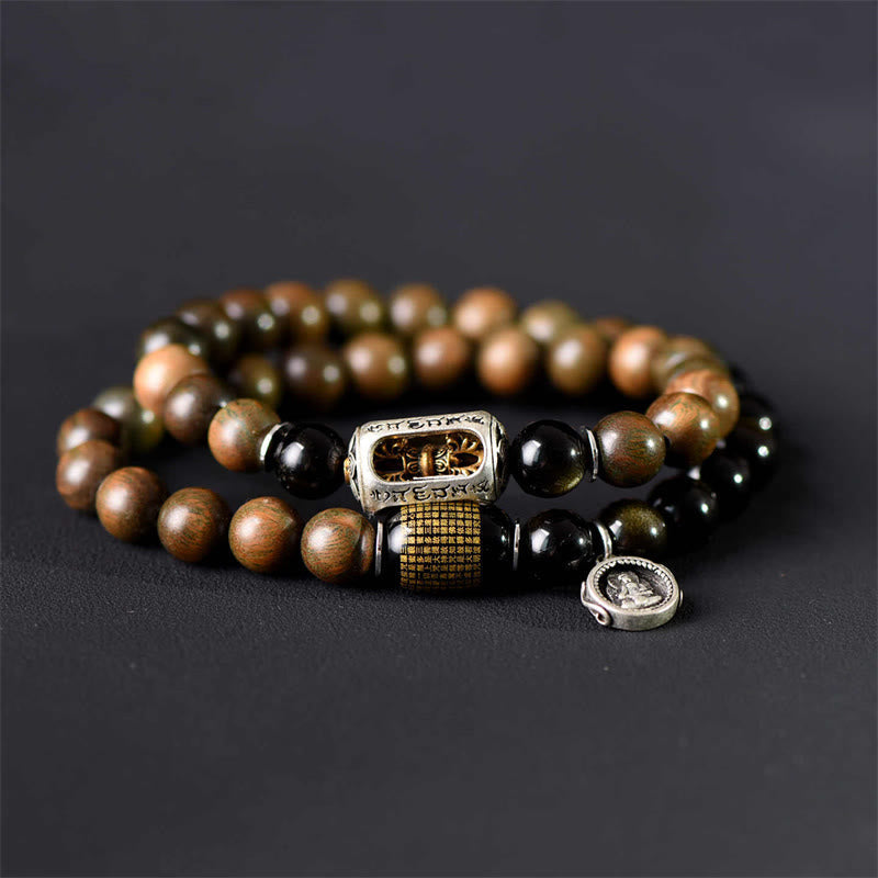 Tibetan Green Sandalwood Gold Sheen Obsidian Balance Peace Double Wrap Bracelet