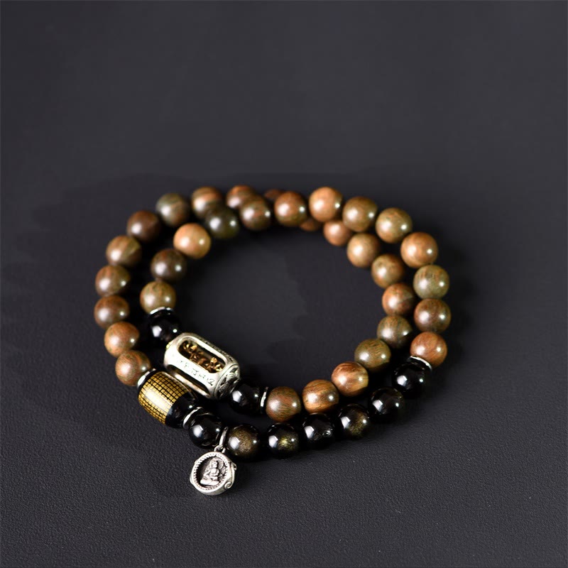 Tibetan Green Sandalwood Gold Sheen Obsidian Balance Peace Double Wrap Bracelet