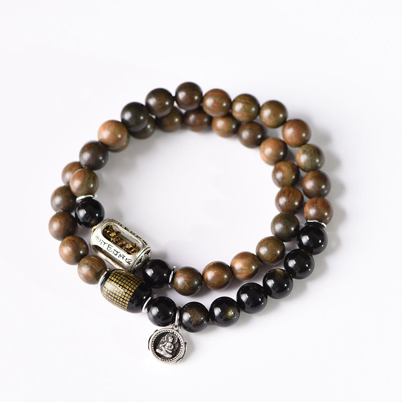 Tibetan Green Sandalwood Gold Sheen Obsidian Balance Peace Double Wrap Bracelet