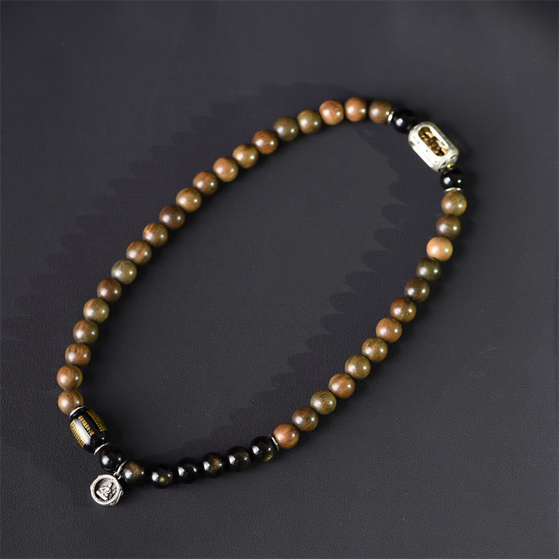 Tibetan Green Sandalwood Gold Sheen Obsidian Balance Peace Double Wrap Bracelet