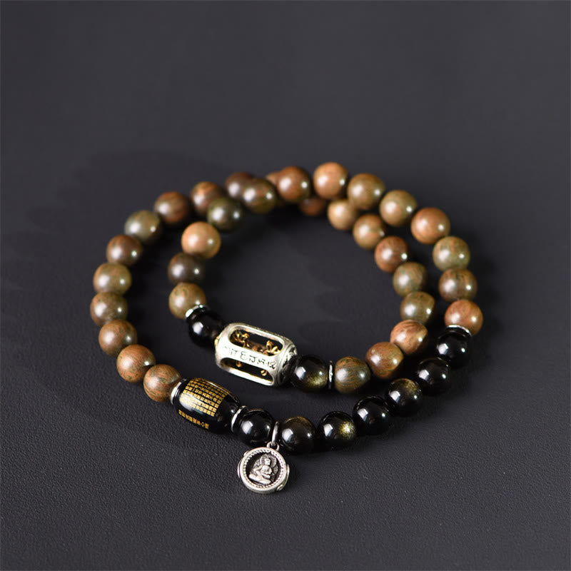 Tibetan Green Sandalwood Gold Sheen Obsidian Balance Peace Double Wrap Bracelet