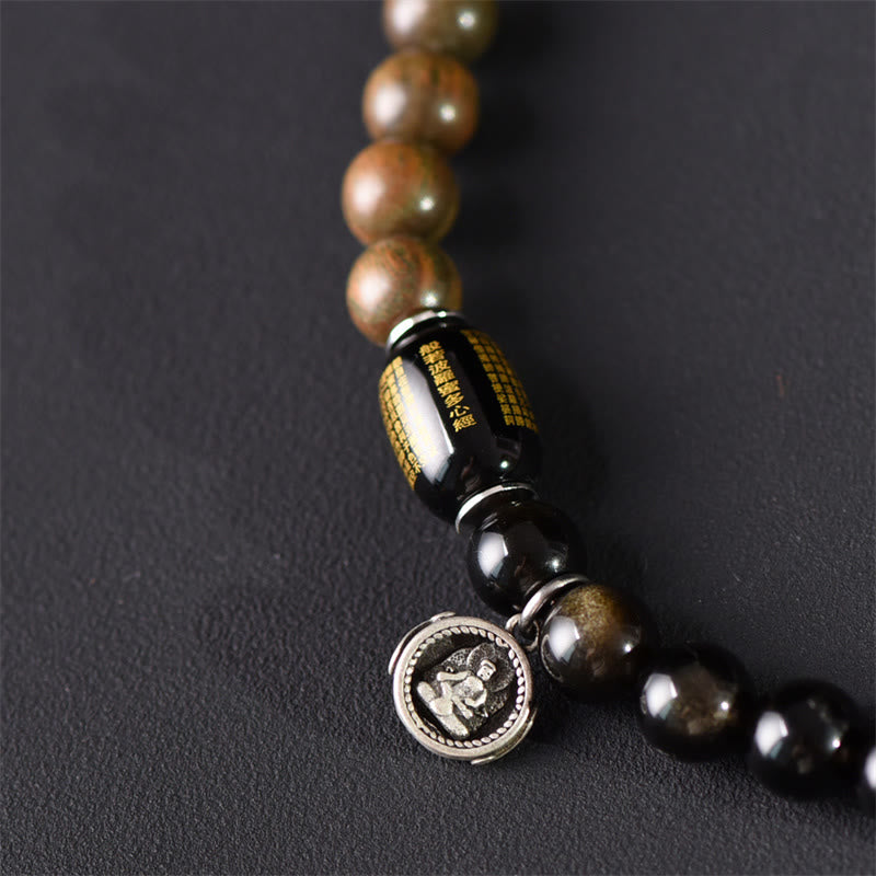 Tibetan Green Sandalwood Gold Sheen Obsidian Balance Peace Double Wrap Bracelet