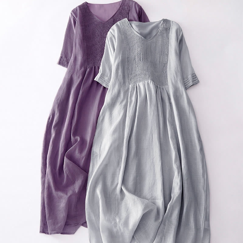 Casual Accordion Pleat Plain V-neck Short Sleeve Cotton Midi Dress With Pockets