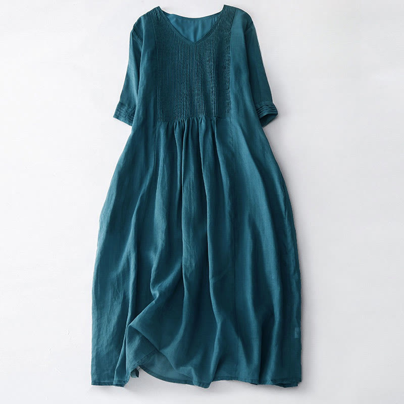 Casual Accordion Pleat Plain V-neck Short Sleeve Cotton Midi Dress With Pockets