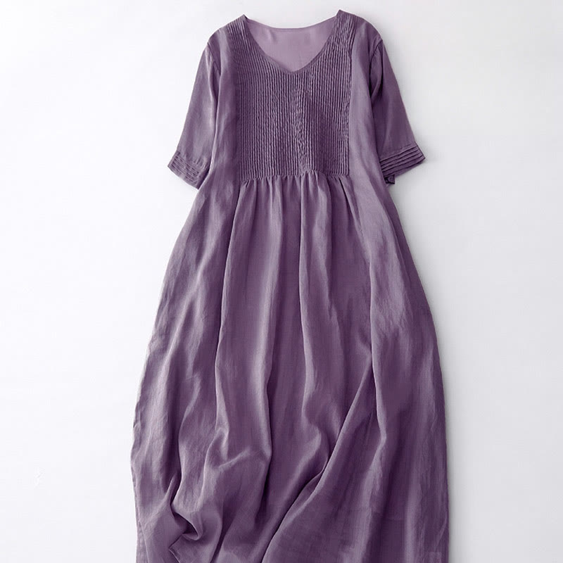 Casual Accordion Pleat Plain V-neck Short Sleeve Cotton Midi Dress With Pockets