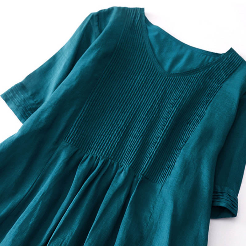 Casual Accordion Pleat Plain V-neck Short Sleeve Cotton Midi Dress With Pockets