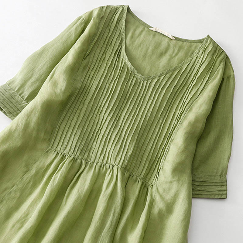 Casual Accordion Pleat Plain V-neck Short Sleeve Cotton Midi Dress With Pockets