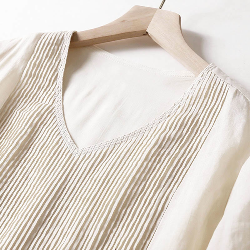 Casual Accordion Pleat Plain V-neck Short Sleeve Cotton Midi Dress With Pockets