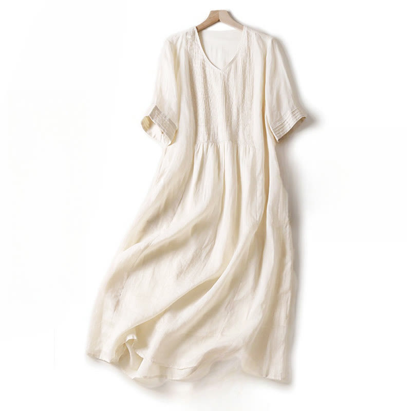 Casual Accordion Pleat Plain V-neck Short Sleeve Cotton Midi Dress With Pockets