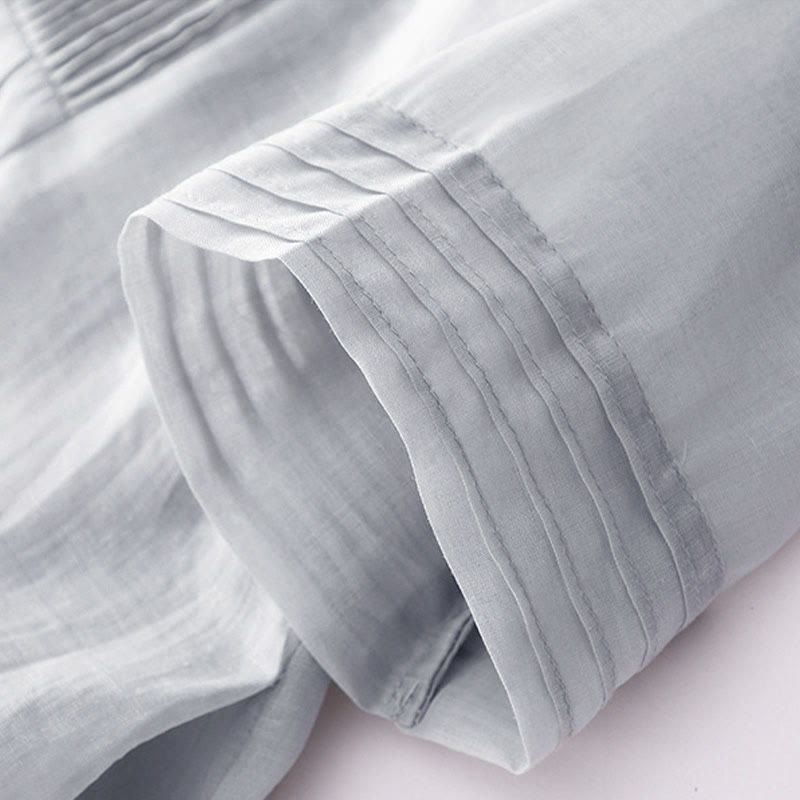 Casual Accordion Pleat Plain V-neck Short Sleeve Cotton Midi Dress With Pockets