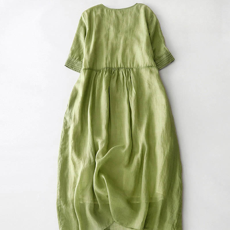 Casual Accordion Pleat Plain V-neck Short Sleeve Cotton Midi Dress With Pockets