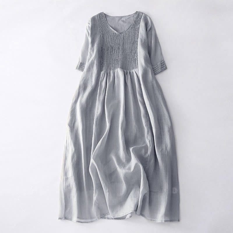 Casual Accordion Pleat Plain V-neck Short Sleeve Cotton Midi Dress With Pockets