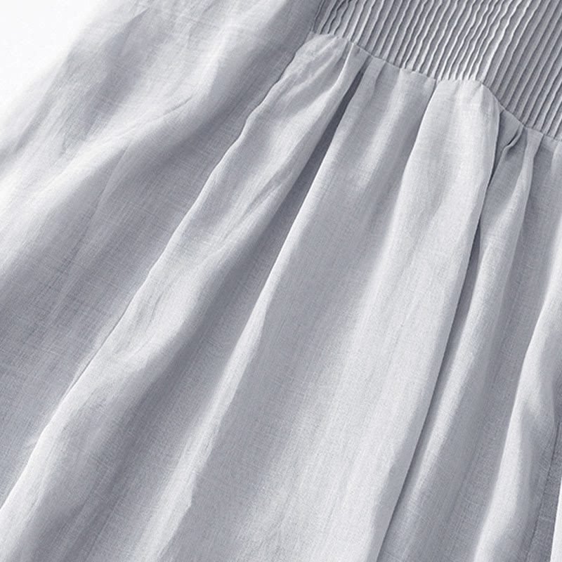 Casual Accordion Pleat Plain V-neck Short Sleeve Cotton Midi Dress With Pockets