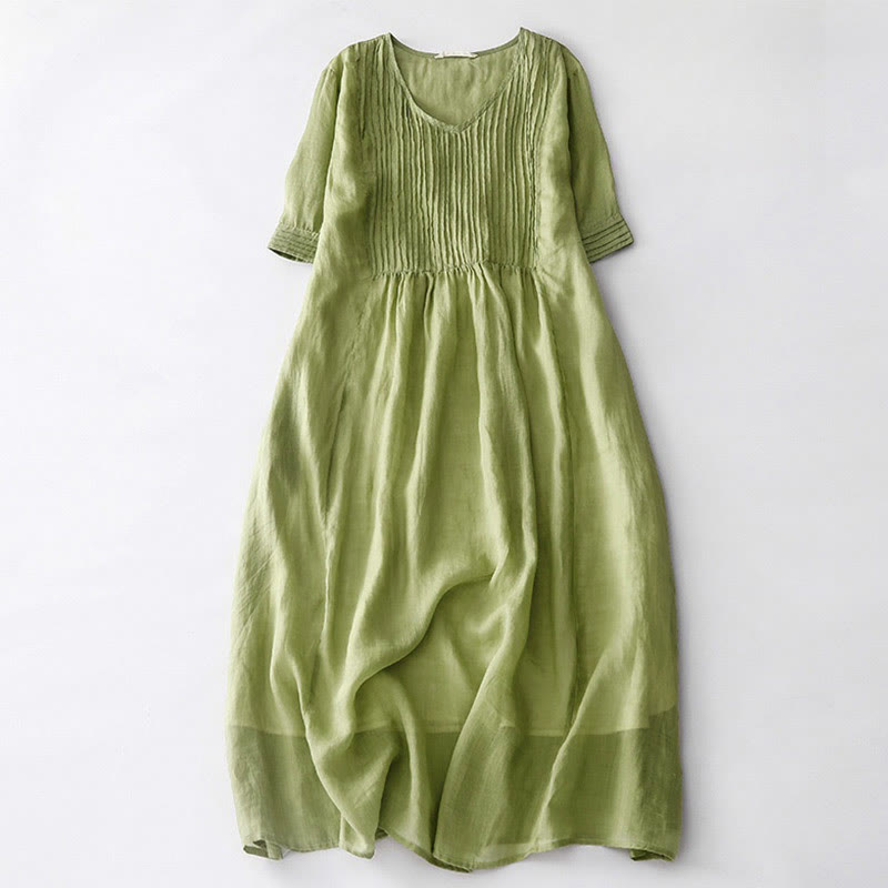 Casual Accordion Pleat Plain V-neck Short Sleeve Cotton Midi Dress With Pockets