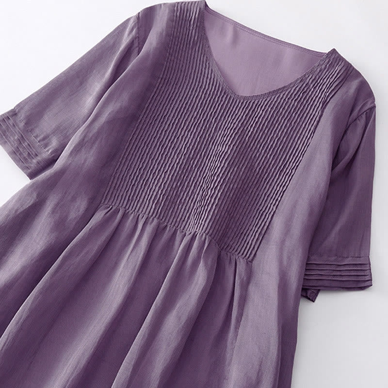 Casual Accordion Pleat Plain V-neck Short Sleeve Cotton Midi Dress With Pockets