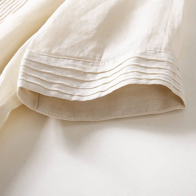 Casual Accordion Pleat Plain V-neck Short Sleeve Cotton Midi Dress With Pockets