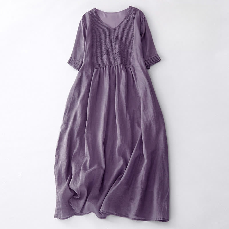 Casual Accordion Pleat Plain V-neck Short Sleeve Cotton Midi Dress With Pockets