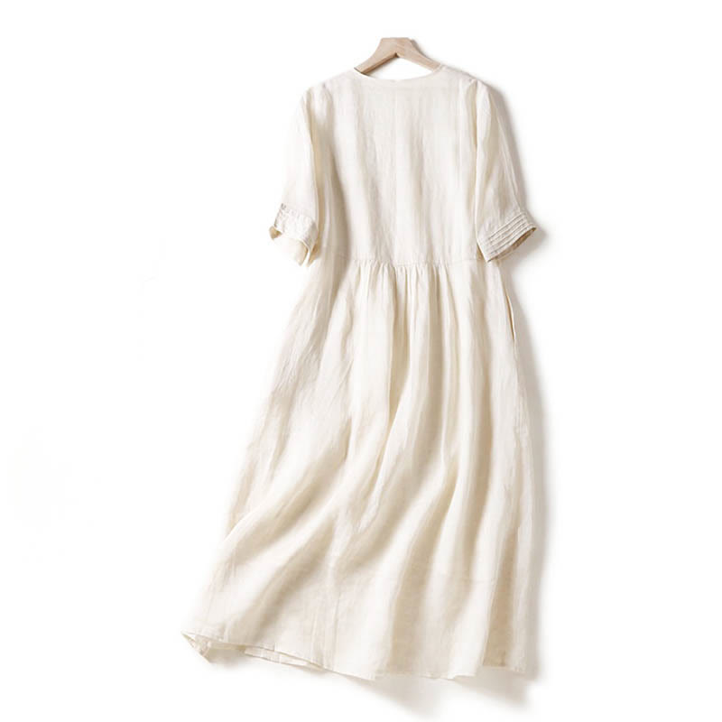 Casual Accordion Pleat Plain V-neck Short Sleeve Cotton Midi Dress With Pockets