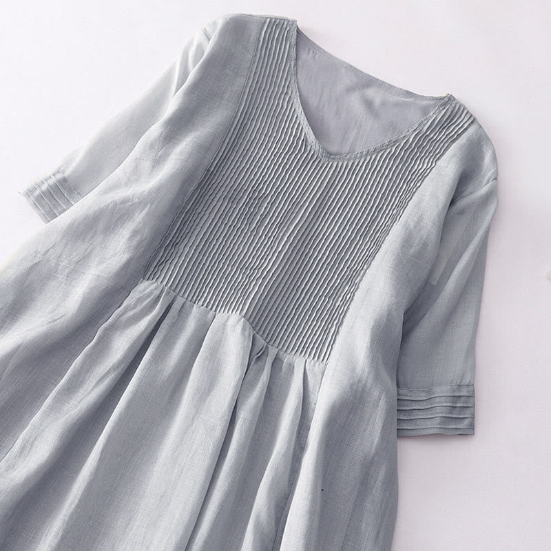 Casual Accordion Pleat Plain V-neck Short Sleeve Cotton Midi Dress With Pockets