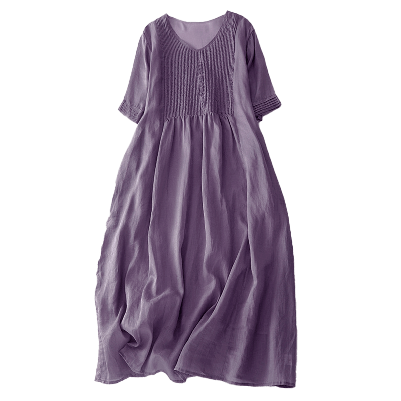 Casual Accordion Pleat Plain V-neck Short Sleeve Cotton Midi Dress With Pockets