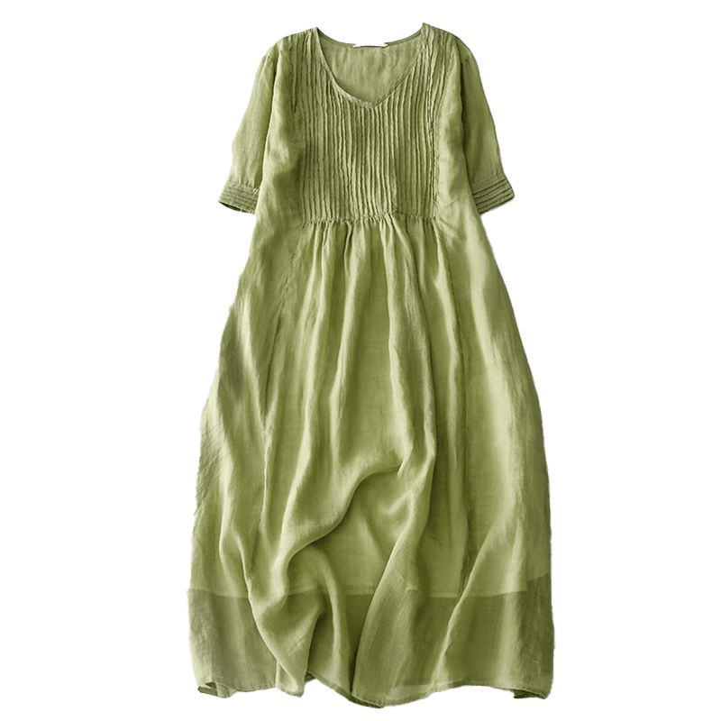 Casual Accordion Pleat Plain V-neck Short Sleeve Cotton Midi Dress With Pockets