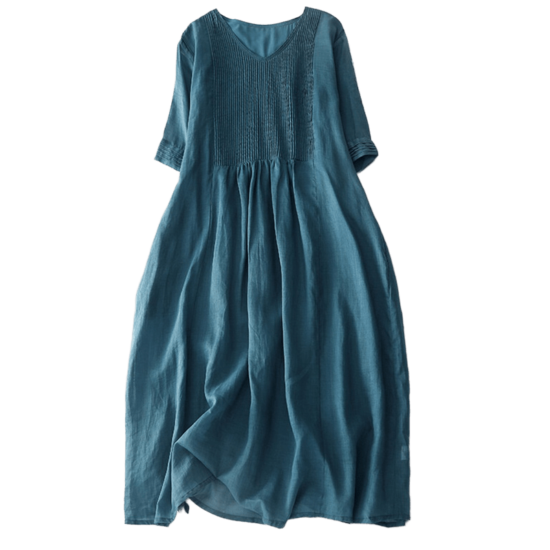 Casual Accordion Pleat Plain V-neck Short Sleeve Cotton Midi Dress With Pockets