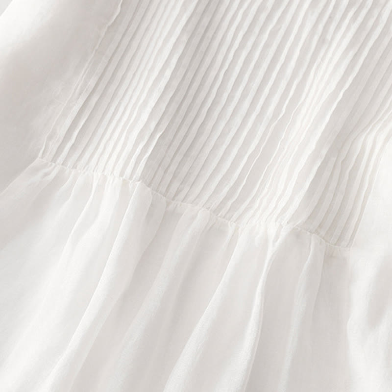 Casual Accordion Pleat Plain V-neck Short Sleeve Cotton Midi Dress With Pockets