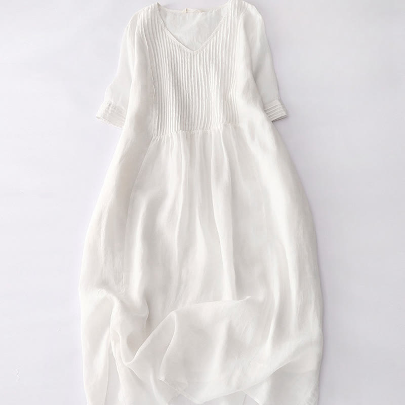 Casual Accordion Pleat Plain V-neck Short Sleeve Cotton Midi Dress With Pockets