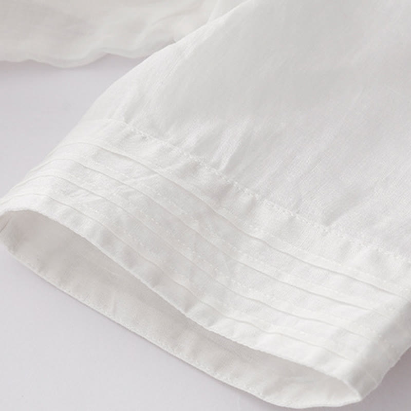 Casual Accordion Pleat Plain V-neck Short Sleeve Cotton Midi Dress With Pockets