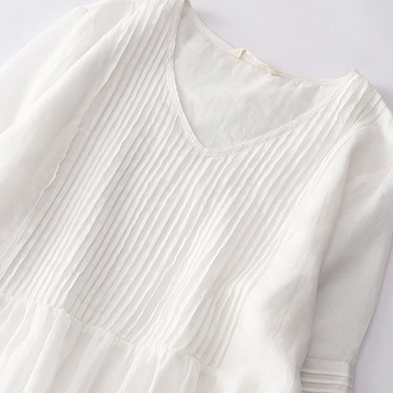 Casual Accordion Pleat Plain V-neck Short Sleeve Cotton Midi Dress With Pockets