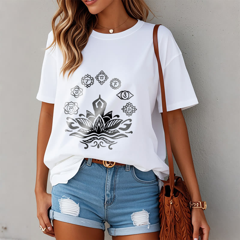 Cotton Crewneck Seven Chakras Meditation Graphic Tee