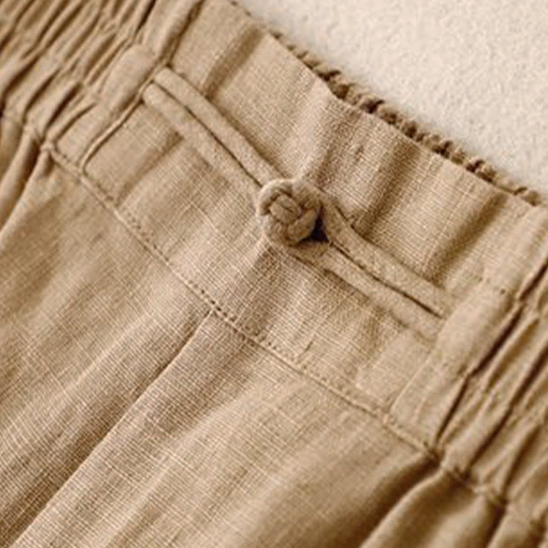 Daily Solid Color Elastic Waistband Frog-Button Cotton Women's Wide Leg Pants With Pockets