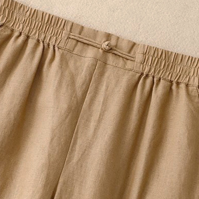 Daily Solid Color Elastic Waistband Frog-Button Cotton Women's Wide Leg Pants With Pockets