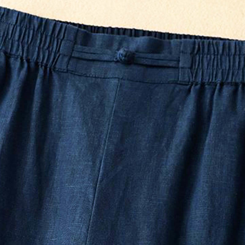 Daily Solid Color Elastic Waistband Frog-Button Cotton Women's Wide Leg Pants With Pockets