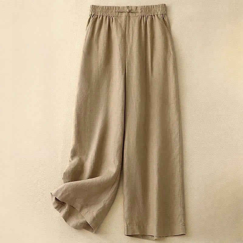 Daily Solid Color Elastic Waistband Frog-Button Cotton Women's Wide Leg Pants With Pockets