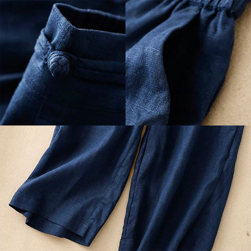 Daily Solid Color Elastic Waistband Frog-Button Cotton Women's Wide Leg Pants With Pockets