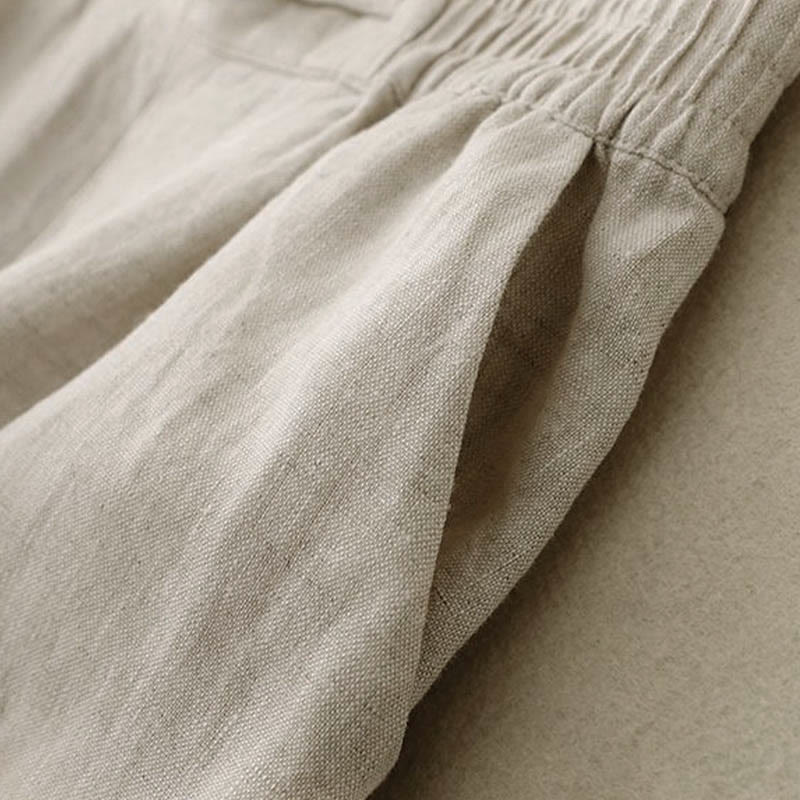 Daily Solid Color Elastic Waistband Frog-Button Cotton Women's Wide Leg Pants With Pockets