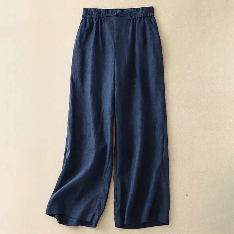 Daily Solid Color Elastic Waistband Frog-Button Cotton Women's Wide Leg Pants With Pockets