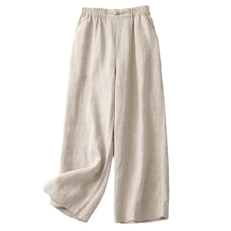 Daily Solid Color Elastic Waistband Frog-Button Cotton Women's Wide Leg Pants With Pockets