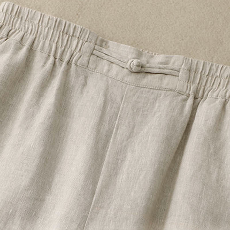 Daily Solid Color Elastic Waistband Frog-Button Cotton Women's Wide Leg Pants With Pockets