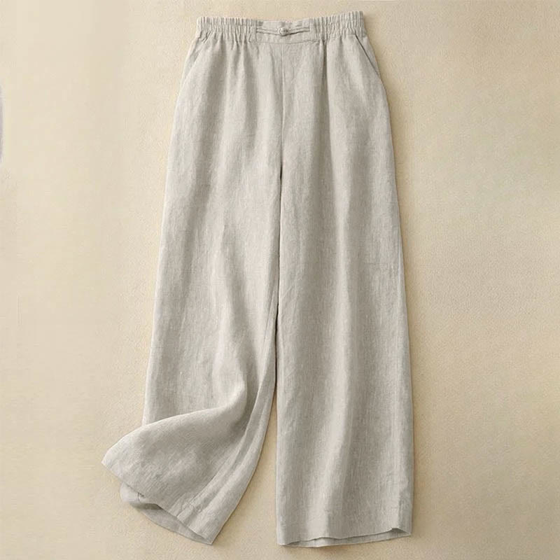 Daily Solid Color Elastic Waistband Frog-Button Cotton Women's Wide Leg Pants With Pockets