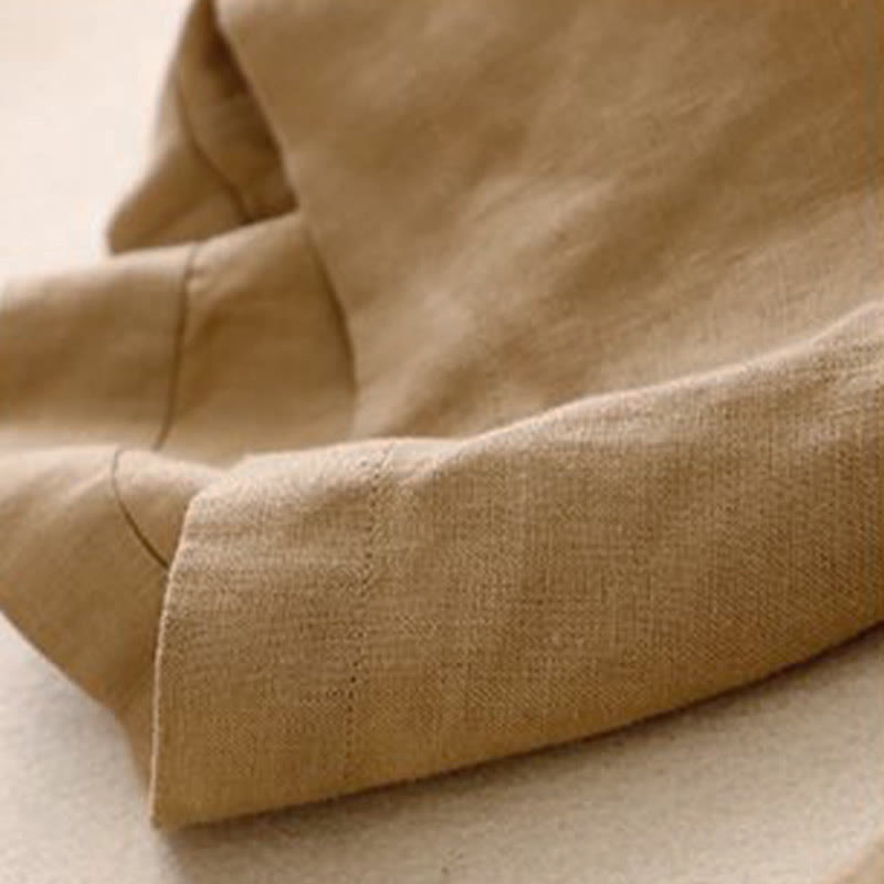 Daily Solid Color Elastic Waistband Frog-Button Cotton Women's Wide Leg Pants With Pockets