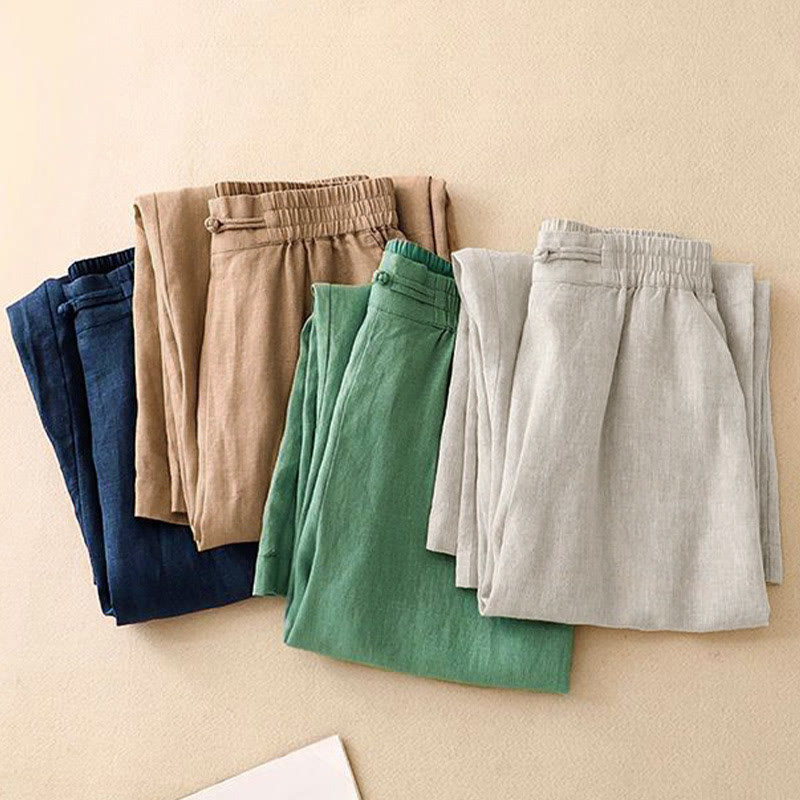 Daily Solid Color Elastic Waistband Frog-Button Cotton Women's Wide Leg Pants With Pockets