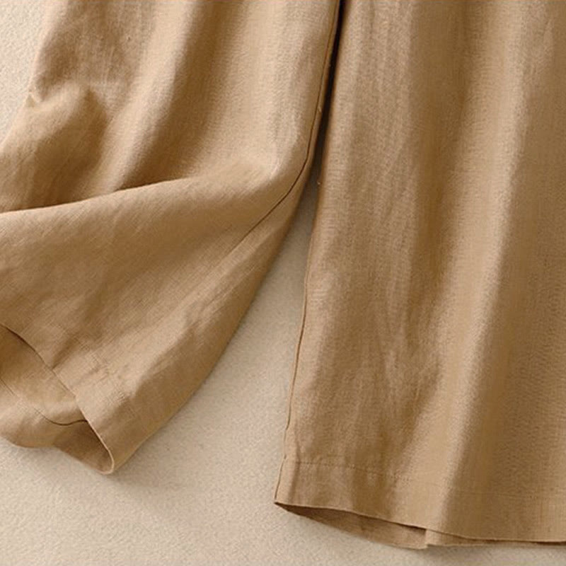 Daily Solid Color Elastic Waistband Frog-Button Cotton Women's Wide Leg Pants With Pockets