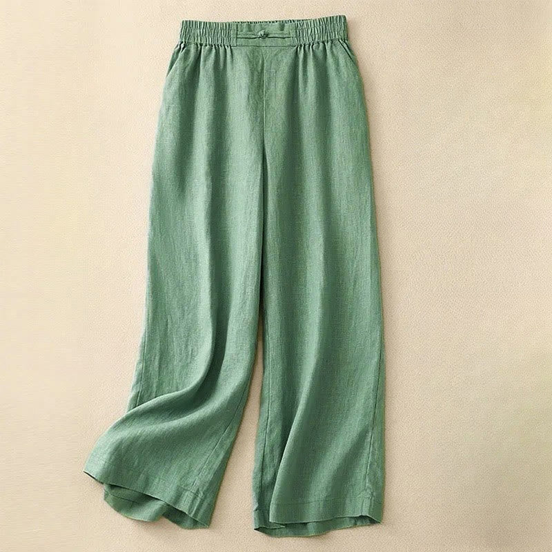 Daily Solid Color Elastic Waistband Frog-Button Cotton Women's Wide Leg Pants With Pockets